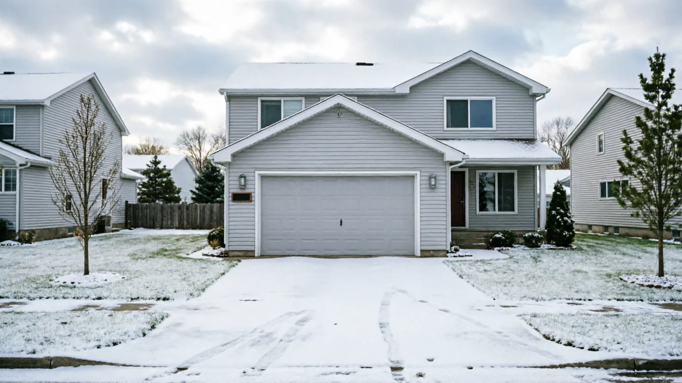 A light gray house with a matching garage door and snow on the roof and lawn.