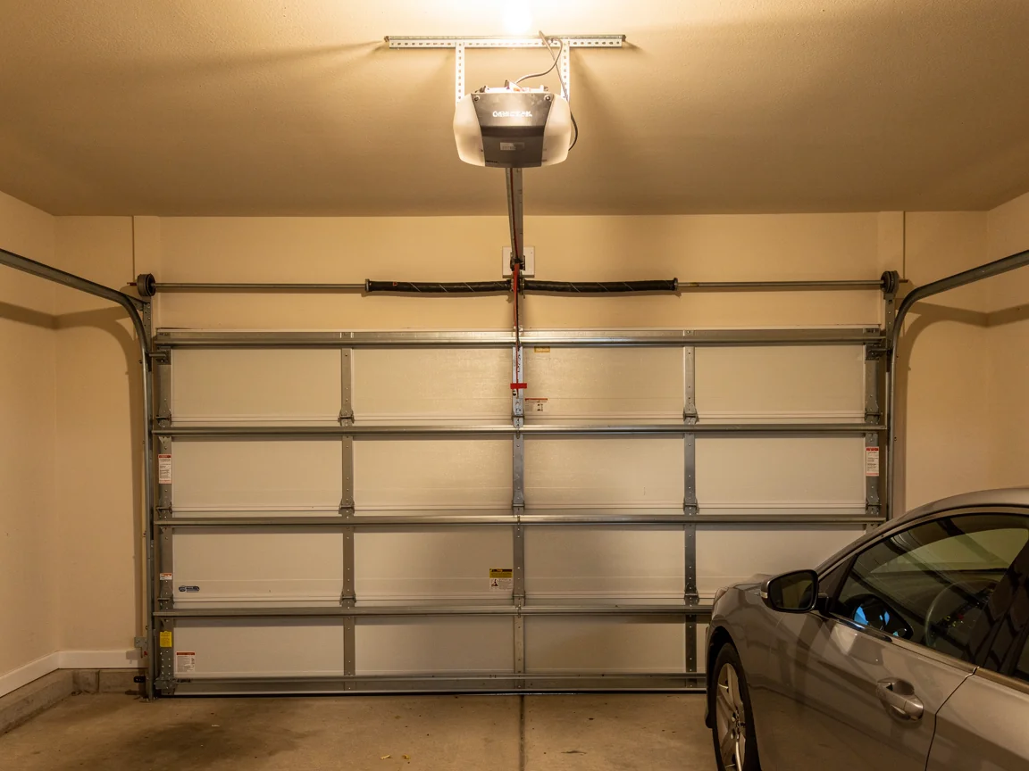 A white garage door is closed with an opener and torsion spring visible.