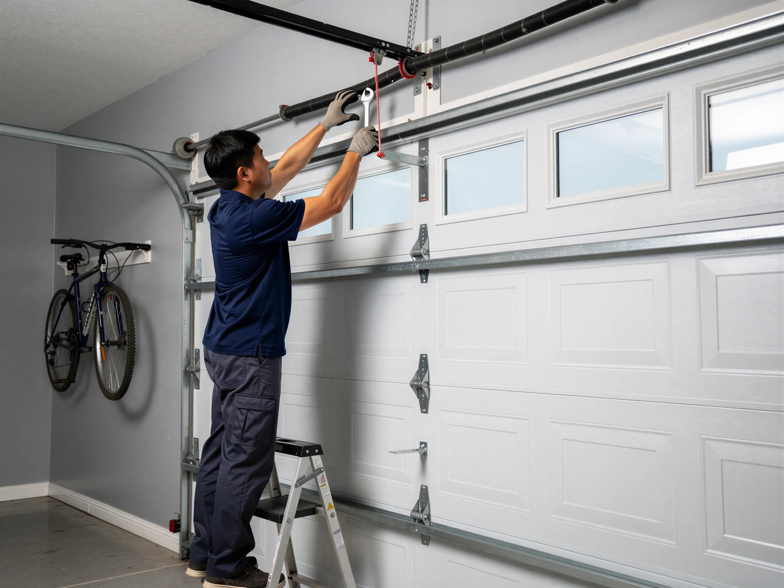 A technician on a ladder adjusts the torsion spring above a white garage door.